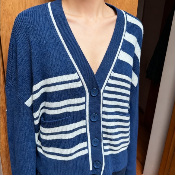 Express Navy and Cream Striped Cardigan - Picture 1 of 11